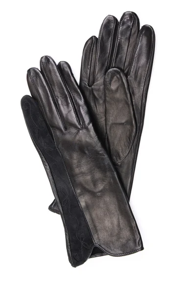 Mooie zwarte lederen vrouwen handschoenen geïsoleerd op wit — Stockfoto