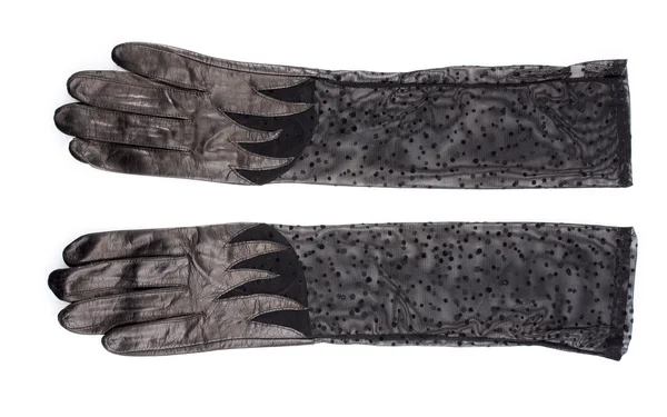 Όμορφα μαύρα δερμάτινα γυναικεία γάντια απομονωθεί σε λευκό — Φωτογραφία Αρχείου