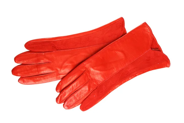 Bellissimi guanti da donna in pelle rossa isolati su bianco — Foto Stock
