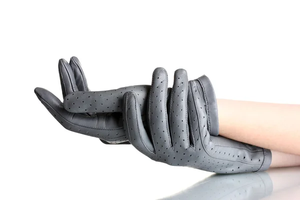 Las manos de las mujeres en guantes de cuero gris aislados en blanco — Foto de Stock