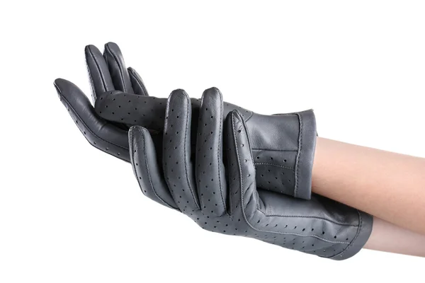 Las manos de las mujeres en guantes de cuero gris aislados en blanco —  Fotos de Stock