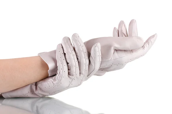 Vrouwen handen in grijs lederen handschoenen geïsoleerd op wit — Stockfoto