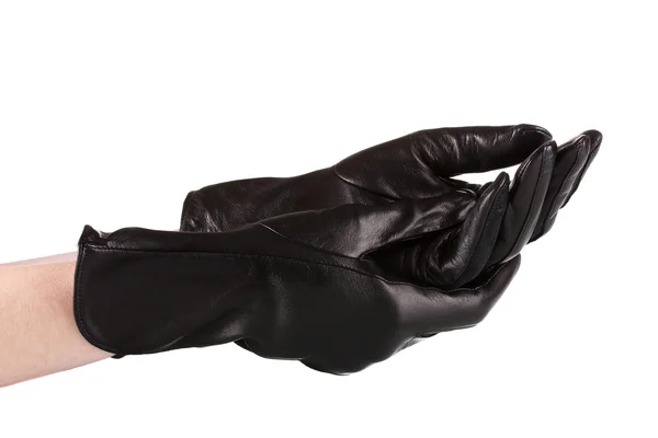 Mãos femininas em luvas de couro preto isolado em branco — Fotografia de Stock