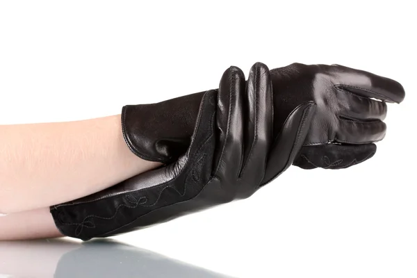Kobiet w ręce w czarne skórzane rękawice na białym tle — Zdjęcie stockowe