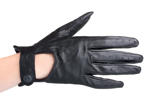 女性手を白で隔離される黒革手袋. — ストック写真