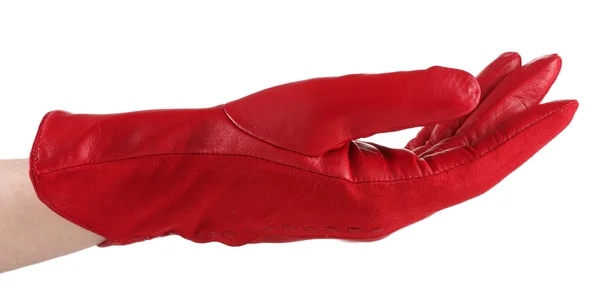 Ženy ruku v červené kožené rukavice izolované na bílém — Stock fotografie