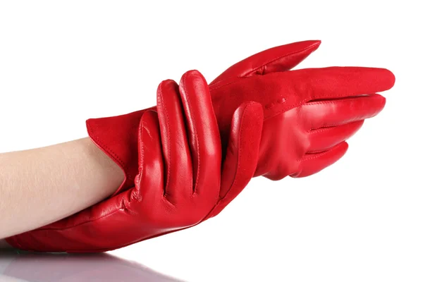 Mani di donna in guanti di pelle rossa isolati su bianco — Foto Stock
