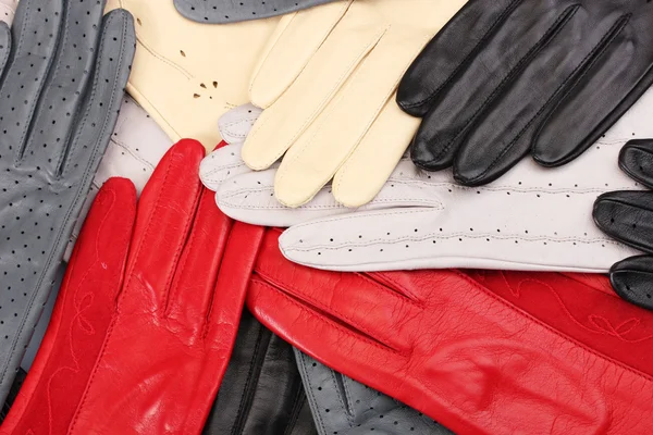 Lot of beautiful women leather gloves closeup — Stock Photo, Image