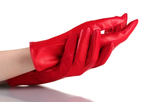 Frauenhände in roten Lederhandschuhen isoliert auf weißem Grund — Stockfoto