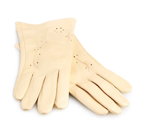 Beautiful beige leather women's gloves isolated on white — Stock Photo, Image