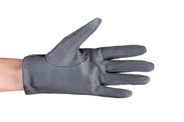 Kvinnor hand i grått skinn handske isolerad på vit — Stockfoto