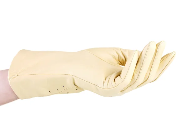 Kvinnor hand i beige läderhandske isolerad på vit — Stockfoto