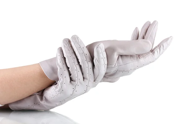 Mãos femininas em luvas de couro cinza isolado no branco — Fotografia de Stock