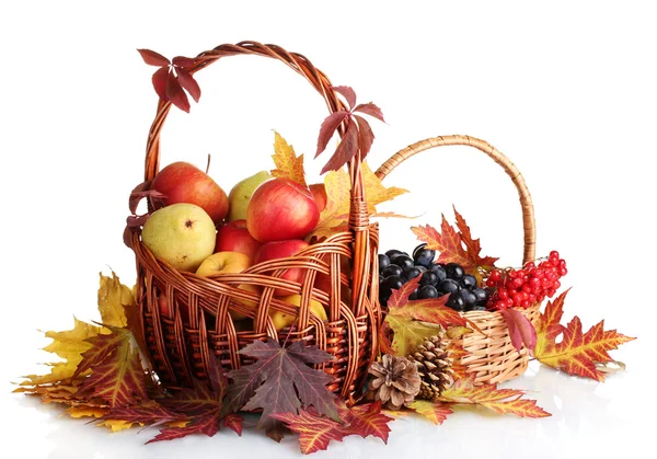 Hermosa cosecha de otoño en cestas y hojas aisladas en blanco — Foto de Stock