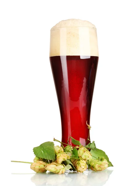 Червоне пиво з піною в склі і хоп ізольоване на білому — стокове фото