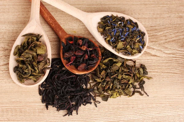 Různé druhy suchých zelené a černé čaje v lžíce na dřevěné pozadí — Stock fotografie