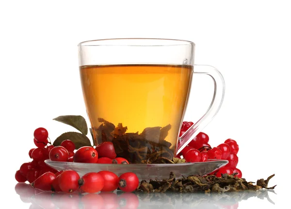 Kırmızı kartopu ve kalça üzerine beyaz izole cam fincan yeşil çay — Stok fotoğraf
