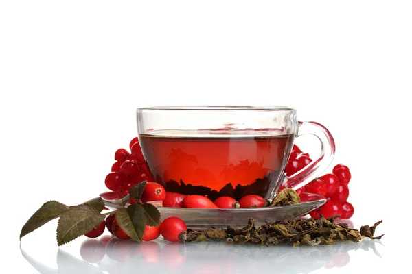 红茶与红色琼花和臀部的玻璃杯子上白色隔离 — 图库照片