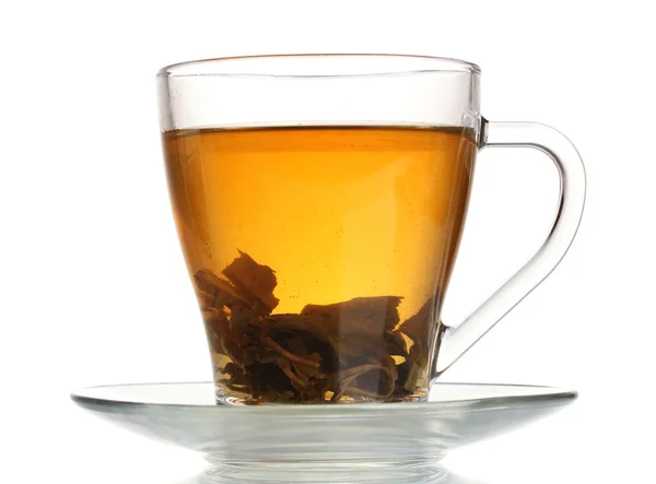 Grüner Tee in Glasschale isoliert auf weiß — Stockfoto