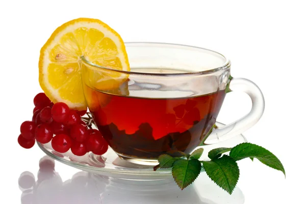 Schwarzer Tee mit rotem Viburnum und Zitrone in Glasschale isoliert auf weißem — Stockfoto