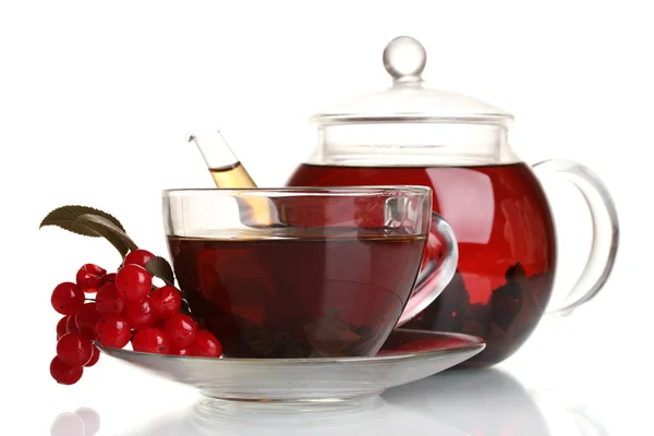 Glass teapot and cup with black tea and viburnum isolated on white — Stock Photo, Image