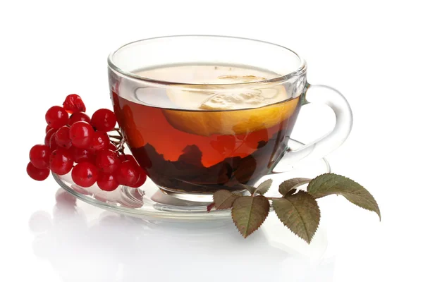 Chá preto com viburno vermelho e limão em copo de vidro isolado em branco — Fotografia de Stock