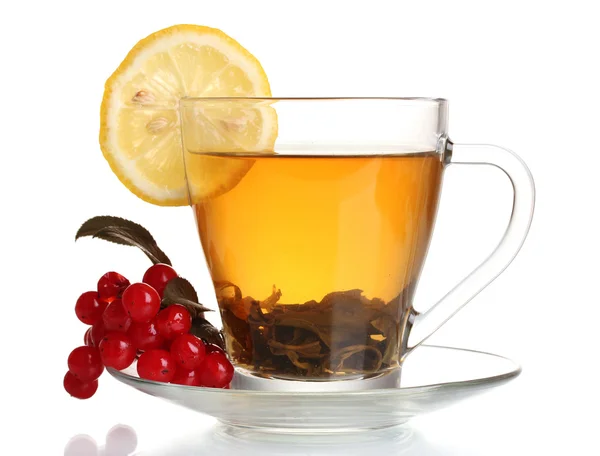 Зеленый чай с красным вибурнумом и лимоном в стеклянной чашке изолированы на белом — стоковое фото