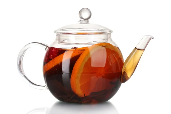 Glass teapot with black tea and orange isolated on white — Stock Photo, Image