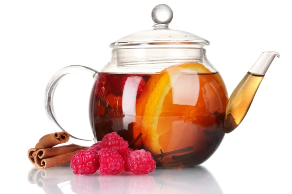 Glass teapot with black tea of raspberries,orange, cinnamon isolated on whi — Stock Photo, Image