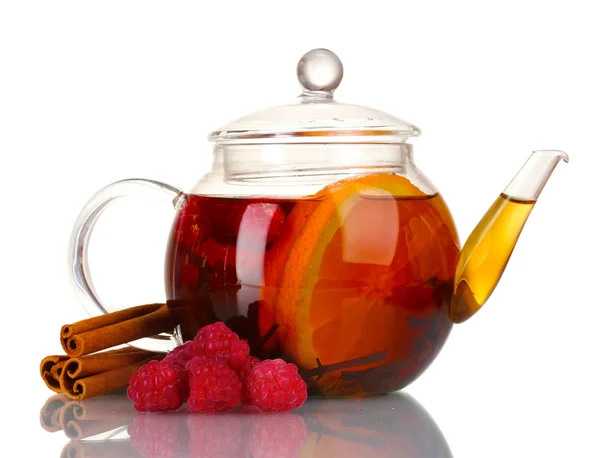 Glass teapot with black tea of raspberries,orange, cinnamon isolated on whi — Stock Photo, Image