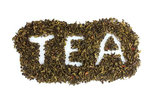 Slovo čaj ze suchých listů izolovaných na bílém — Stock fotografie