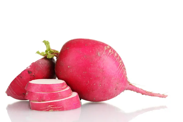Fresh slised and whole radish isolated on white — Stock Photo, Image