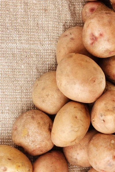Fresh potatoes on burlap closeup — Stock Photo, Image