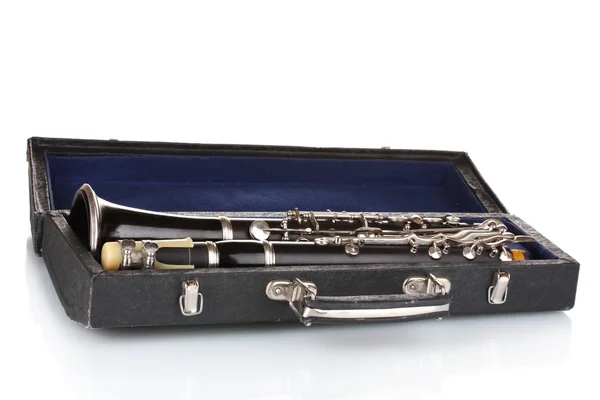 Clarinet antic în caz izolat pe alb — Fotografie, imagine de stoc