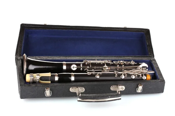 Clarinet antic în caz izolat pe alb — Fotografie, imagine de stoc