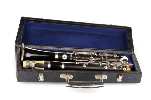 Antique clarinet in case isolated on white — Zdjęcie stockowe