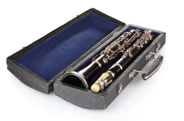 Antique clarinet in case isolated on white — Stock Photo, Image