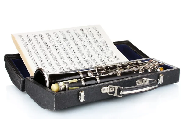 Clarinet antic în caz și notebook cu note izolate pe alb — Fotografie, imagine de stoc