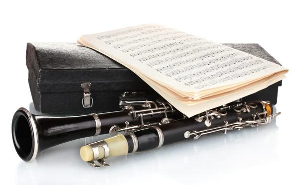 Antique clarinet, case and notebook with notes isolated on white — Stock Photo, Image