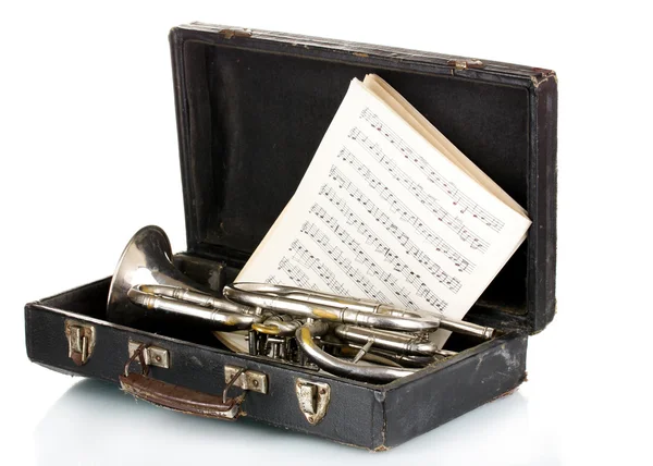 Vieja trompeta y cuaderno con notas en caso aislado en blanco — Foto de Stock