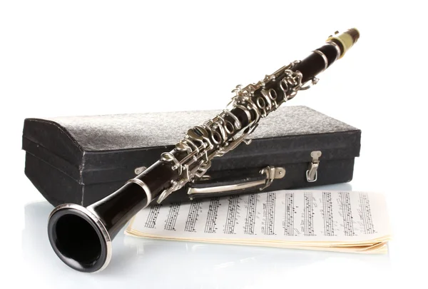 Antique clarinet, case and notebook with notes isolated on white — Stock Photo, Image