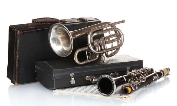 Trâmbiță antică, clarinet și caz izolat pe alb — Fotografie, imagine de stoc