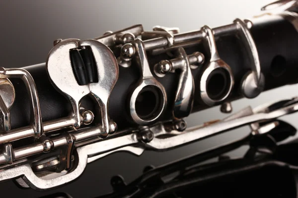 Close up detail of clarinet on gray background — Stock Photo, Image