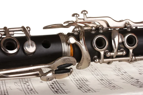 Close up detail of clarinet and notebook with notes — Stock Photo, Image