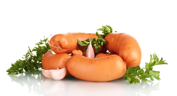 Tasty sausages, garlic and parsley isolation on white — Stock Photo, Image