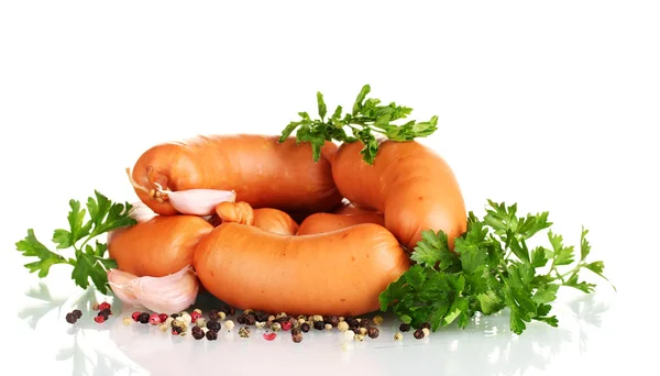 Tasty sausages, spices and parsley isolation on white — Stock Photo, Image