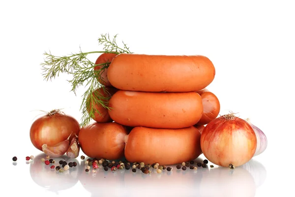 Tasty sausages, spices and dill isolation on white — Stock Photo, Image