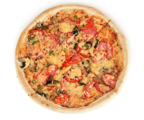 Смачна піца з ковбасою та овочами ізольовані на білому — стокове фото