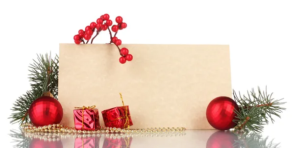 Postal en blanco, regalos, bolas de Navidad y abeto aislado en blanco Imagen De Stock