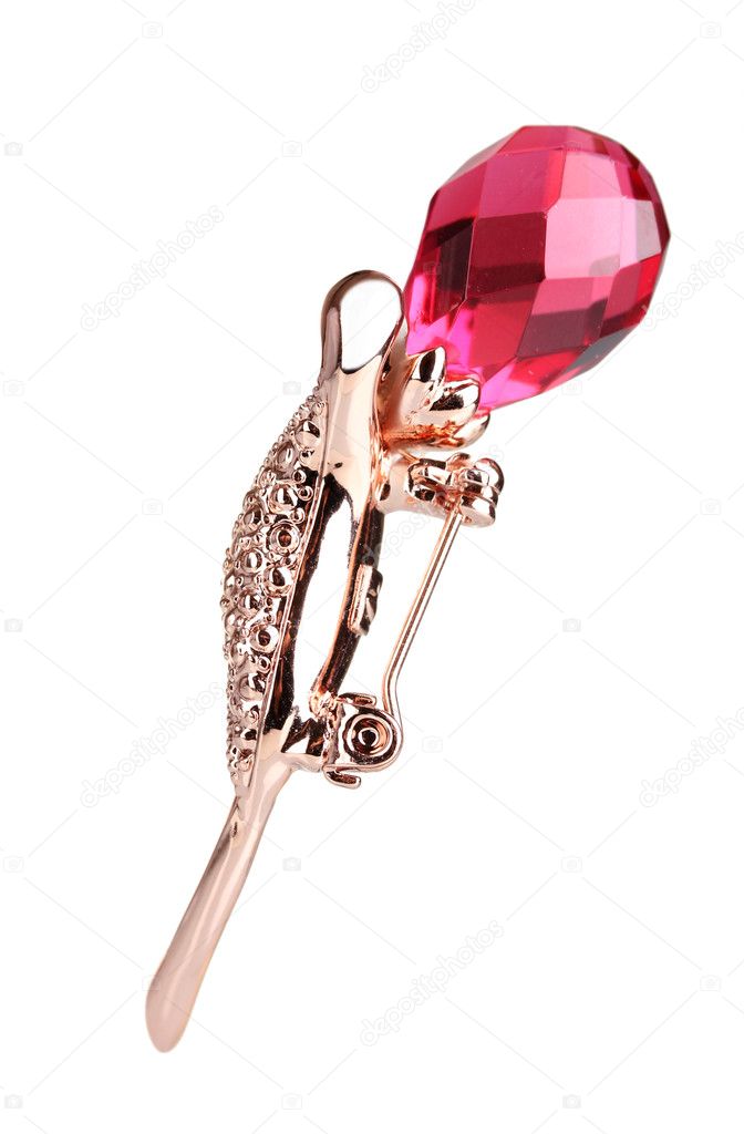 Beautiful golden brooch with red gem isolated on white